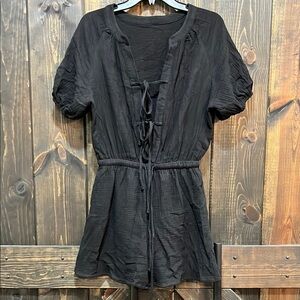 Open Tie Front Romper S Black Swim‎ Cover Short Sleeves Boho Neutral Minimalist